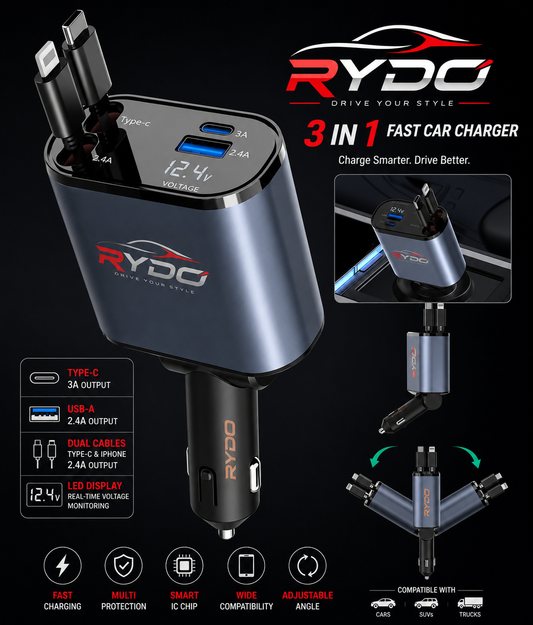 3-in-1 Fast Car Charger with Type-C & Lightning Cable | LED Voltage Display